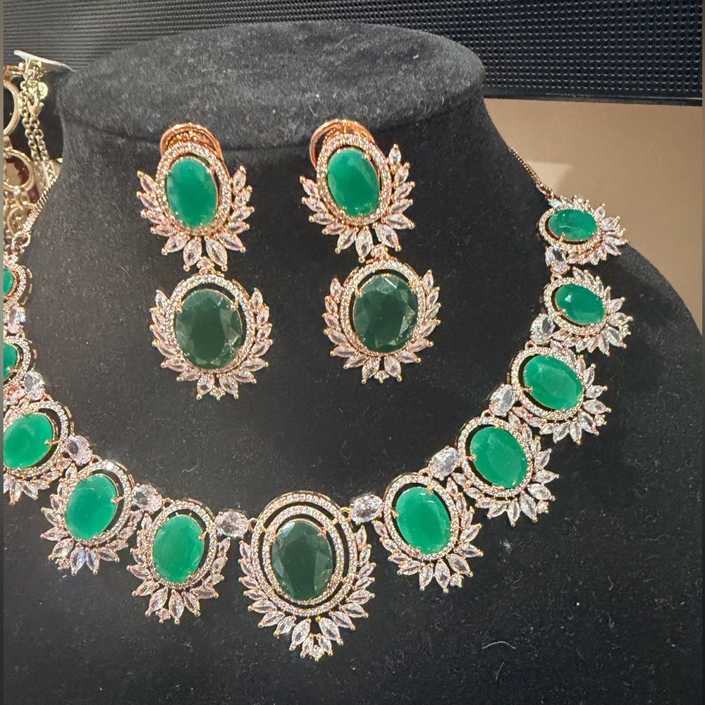 Pakistani Indian Desi Emerald Green AD Statement Necklace & Earring Set